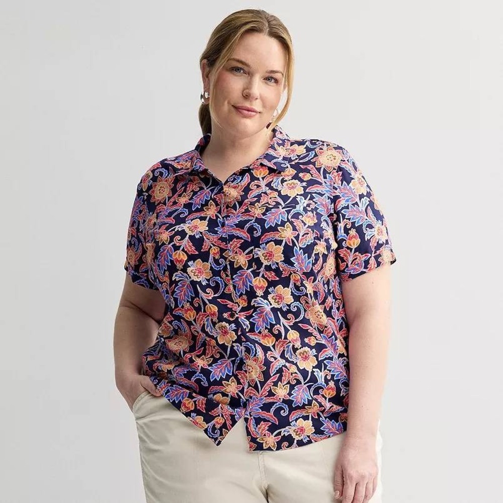 Croft & Barrow Button Down Floral Paisley Navy Short Sleeve NWT 0X